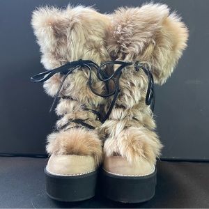 Stuart Weitzman Nikita Fur-Trimmed Mid Calf Boots Tan Size 6.5